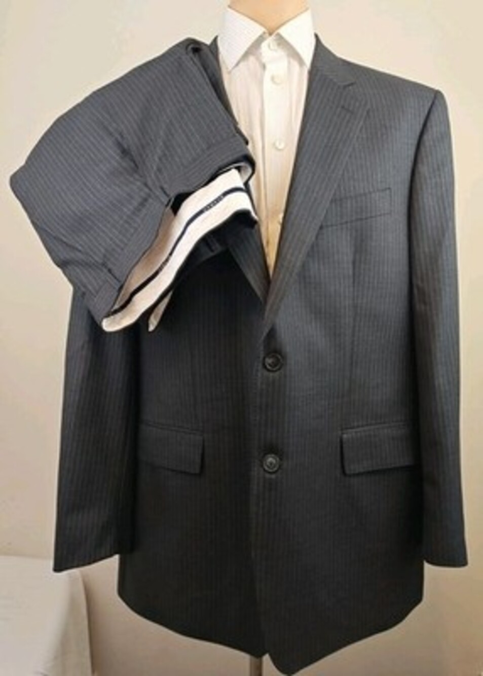 Scabal Mens Super 120's Wool Gray Striped Rolled Cuff 2 Piece Suit 46R- W41x28